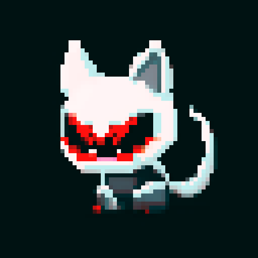 villainous animal, sharp claws, glowing red eyes, menacing grin, sleek fur, pixel art, black, white, gray, sRGB