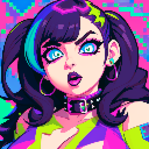 Busty curvy goth babe with studded collar, vibrant neon colors, bold outlines, and a retro sRGB color palette