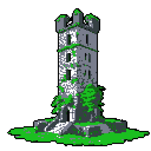2d grey stone tower in an ancient english style. Old and crumbling but still upright. Green vines crisscross it. Usable as an asset (clear, thick lines and a white background). Put a black stroke around the composition
