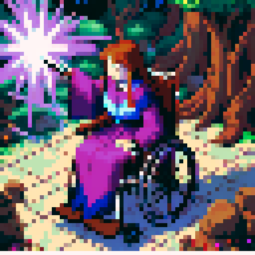 wheelchair bound witch, pixel art, staff, forest, magic, sRGB