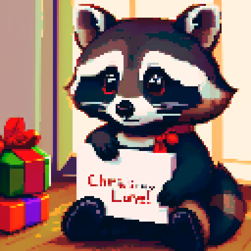 Raccoon holding a christmas letter that says "With love for Jess"