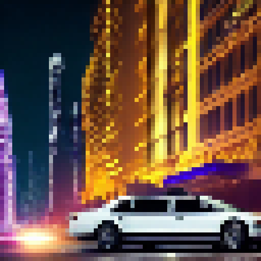 A neon-lit cityscape of towering skyscrapers reflects off a slick black limousine emblazoned with the Bitcoin logo as a suited executive hands over a silver briefcase to a shady figure in a dark alleyway.