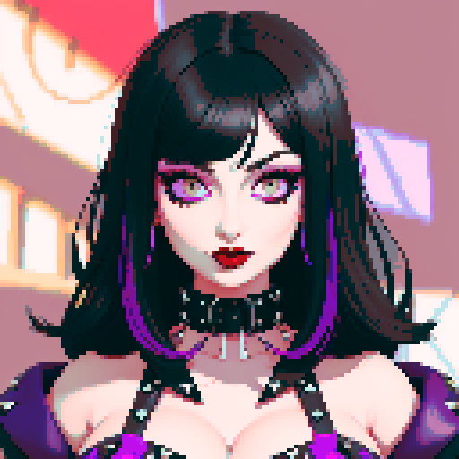 curvy, cute busty goth woman's face, whole head portrait, black hair, purple eyeshadow, red lipstick, low cut black studded leather halter top, studded collar, vibrant sRGB colors