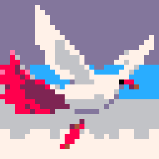 Arctic tern game character, pico-8 pixel art, flying gracefully, icy blue feathers, sharp red beak, elegant wings spread