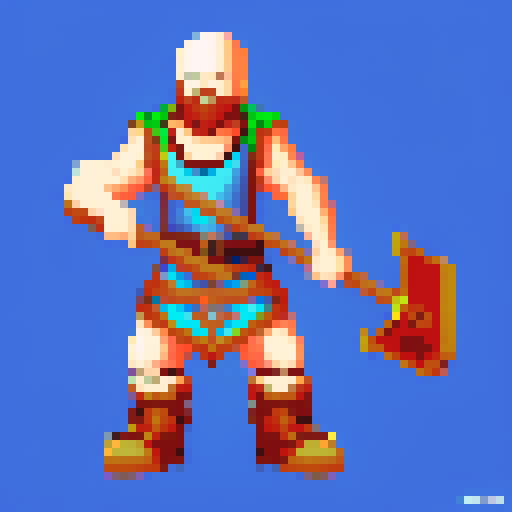 fantasy axeman sprite, wielding a double-headed axe, clad in intricate armor.