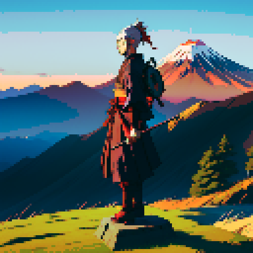 Japanese samurai, on top of mountain wih view of a shrine and Mt Fuji in the background.