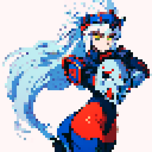 anthropomorphic fox woman reploid, white hair, yellow eyes, red helmet, blue headstone, white tail, clawed feet, sRGB, pixel art