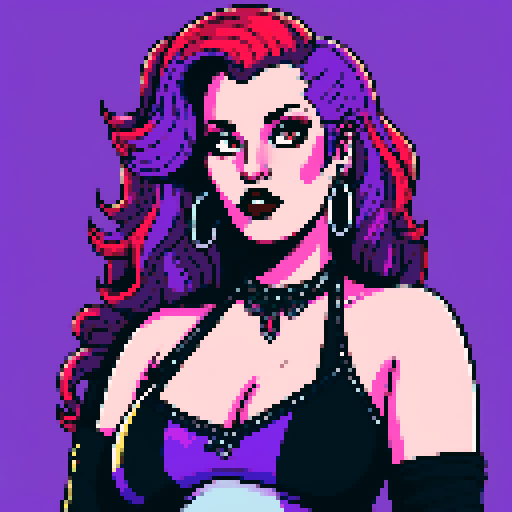 Plus size curvy, cute, busty greaser goth girl, with long purple hair, black eyeshadow, red lipstick. Voluptuous large breasts, wearing halter top and studded collar. Posing for sexy photo. whole head portrait, avatar photo. vibrant sRGB colors, pixel art, edgy aesthetic
