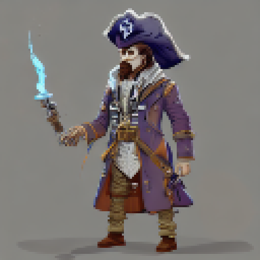 a pirate captain with a blue gemstone eyepatch covering his blind eye and a mechanical and wooden prosthetic leg. He likes to play with his blue gemstone dagger and wears a blue robe leather coat. He bullies a cthulhu-like creature that he keeps in a metal box.