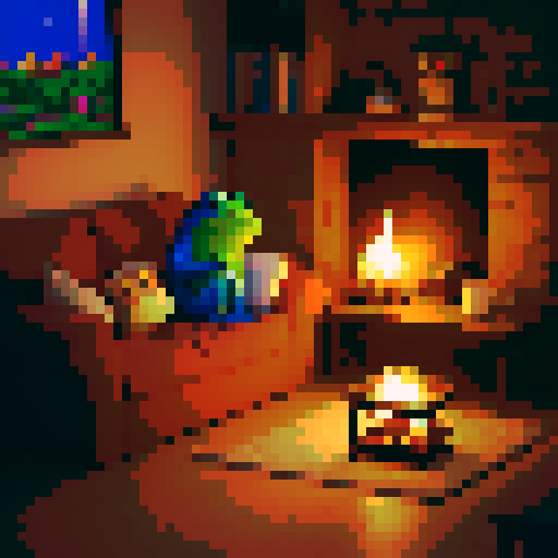 Cozy living room, crackling fireplace, warm glow, comfortable sofa, plush cushions, cute little frog, tiny feet dangling, content expression, small coffee table, steaming cup of coffee, aroma wafting, frog reaching out delicately, pixel art, sRGB
