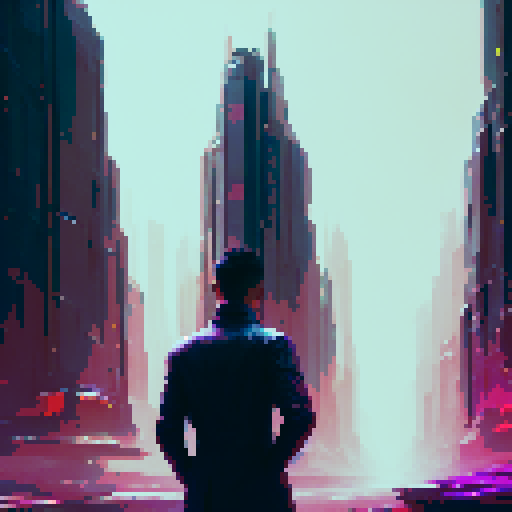 "Sharp-dressed man navigates a futuristic cityscape of towering glass buildings and neon lights, his determined expression reflected in the reflective surfaces around him, all rendered in a sleek, minimalist art style."