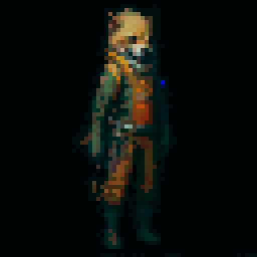 A pixel-art fighter for a 1v1 2D fighting game. The fighter is a “human” dog. See reference image.