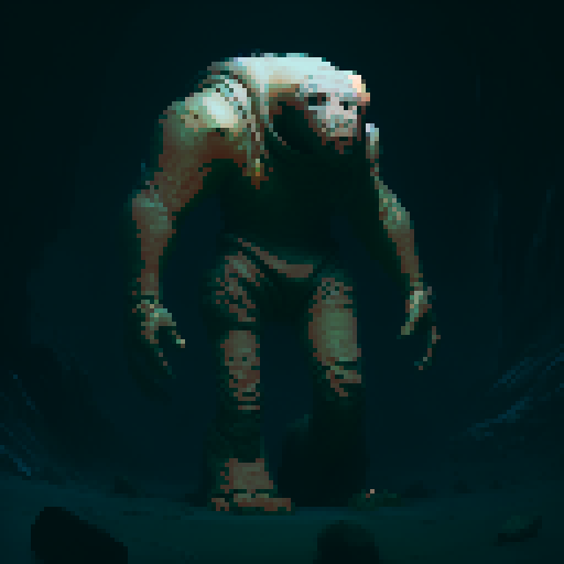 Giant golem made out of boulders, wandering through a cave