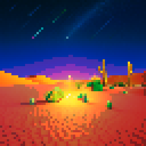 Desert dunes, glowing under a starlit sky, with cacti towering above, all depicted in vibrant pixel art with a striking sRGB color palette