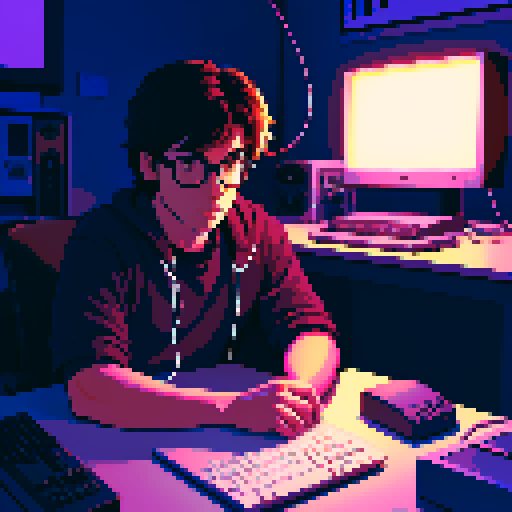 solo male protagonist, sitting at retro desk cluttered with cables and gadgets, illuminated by the soft glow of a pixelated computer screen in a dimly lit room