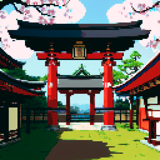 shinto shrine, vibrant colors, golden torii gate, golden collection box in background, cherry blossom trees, lanterns glowing, traditional architecture, intricate details, pixel art, sRGB
