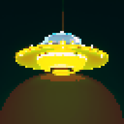 Silver flying saucer with yellow glowing lights, viewed from below at an angle