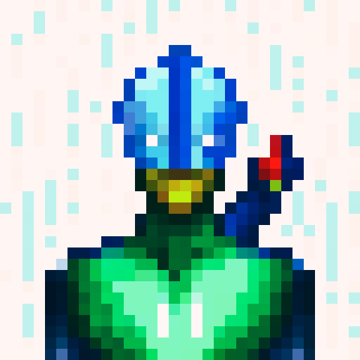 armoured warrior, futuristic pistol, vibrant colors, pixelated details, intense shading, dramatic lighting, heroic pose, fierce expression, metallic texture, intricate patterns