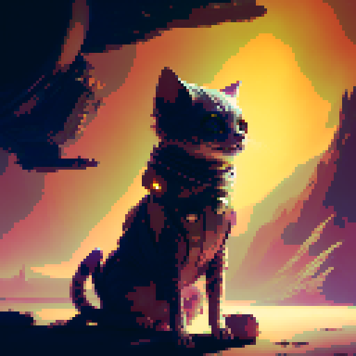 "Extraterrestrial feline with six spindly legs, rendered in a retro-futuristic style, lounging atop a floating metallic orb amidst a starry void."