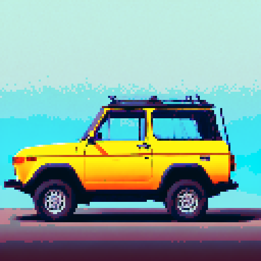 Photorealistic, centered Lada Niva in a three quarter view, right wheel in front, clean background, pixel art style with sRGB colors