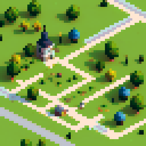 JRPG style town with buildings, road, grass and paved walking paths
