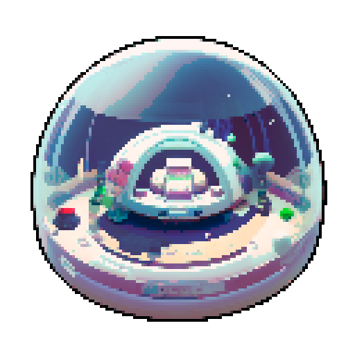 Inside of a sphere spaceship shaped like a gachapon with a clear top half looking out to space. inside the middle of the room is a space sleeping pod with a glass top. cozy white space theme 