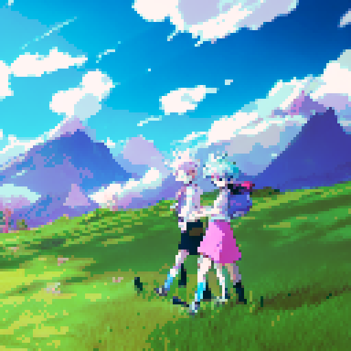 Boy with spiky hair and girl with pigtails, both wearing colorful outfits, dashing through a field of lush green grass with pink flowers, surrounded by a picturesque mountain landscape, all in vibrant anime style
