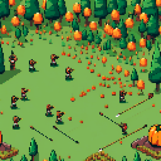 An archery field with multiple archers shooting at pumpkin targets