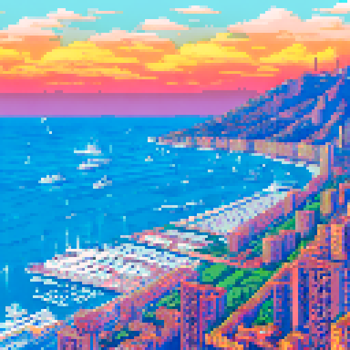 Monaco's glittering harbor nestled amidst towering skyscrapers, a sleek red Ferrari zooming past the roaring crowd, the sun-drenched coastline glittering in the background, all captured in vibrant pixelated glory