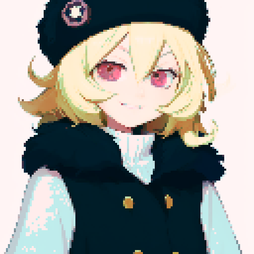 Solo male with perfect anatomy, straight-on, inframe, facing viewer, with round pupils, light blonde hair between eyes, wearing an ushanka hat with a black fur collar, a black vest, puffy sleeves, and black elbow gloves, his round eyes and pink eyes looking at the viewer, smile, in a pixel art style with sRGB colors, half closed eyes, best quality 