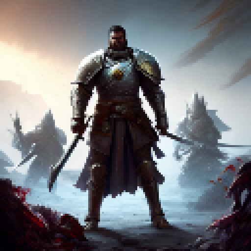 Bleeding but determined, a disciplined and honorable knight stands his ground amidst a sea of enemies in a Fantasy RPG style image.