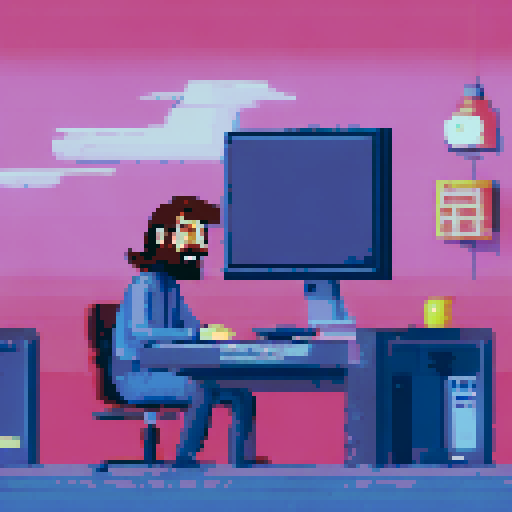 Bushy-bearded and long haired programmer typing at desk with black-and-white cat lounging atop computer tower amidst a retro game-style, pixelated landscape with vibrant sRGB colors, pixel art, 80's game