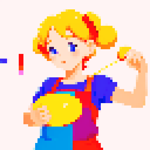 Cute, vibrant, playful chef, apron, appears to be juggling utensils but no utensils are in shot, pixel art, colorful, character facing forward, character looking up concentrating on juggling, no background, sRGB
