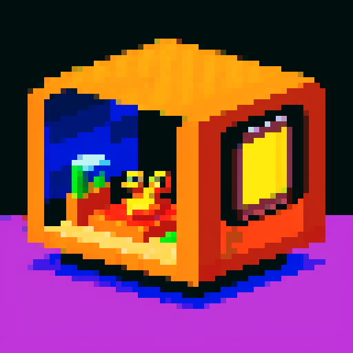 pixelated graphic isometric pixel art of a rectangular lab stasis chamber full with clear orange liquid, the faint silouette of a rubber duck in fetal position suspended in orange liquid with tubes and monitor light, in the style of game pixel art, futurist retro cyberpunk, Nintendo NES style pixel art, DOS 8-bit graphics,pixel-art of old video game style, pixel art, 16-bit, 8-bit, 32-bit , dystopian futurism 