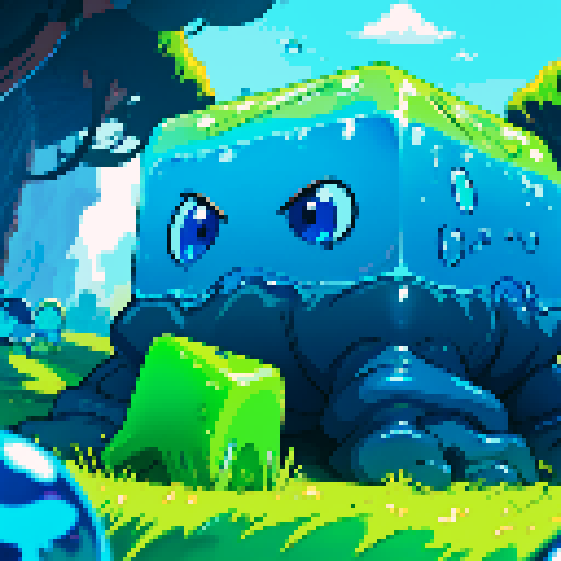 Blue Slime cube, Gelatinous cube, giant Slime, boss fight, grasslands