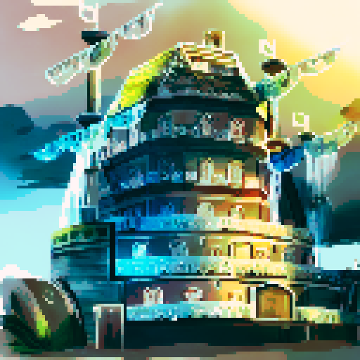 floating ship with water flowing down like a waterfall and steam, 10 stories tall, with blue colors and light  green details