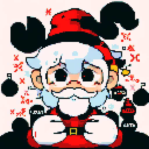 Santa Claus, drinking coffee. Snow falling. Reindeers in background. 