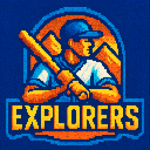 Pixel art of a fictional baseball team called the Explorers. Retro logo. Blue, yellow and orange, sharp outlines, and soft pixel shading. The logo design mimics 80s MLB logos. Use a vibrant Sega Genesis 16-bit style with selective dithering, geometric forms, and nostalgic retro charm. Avoid modern gradients—keep it pure pixel art.