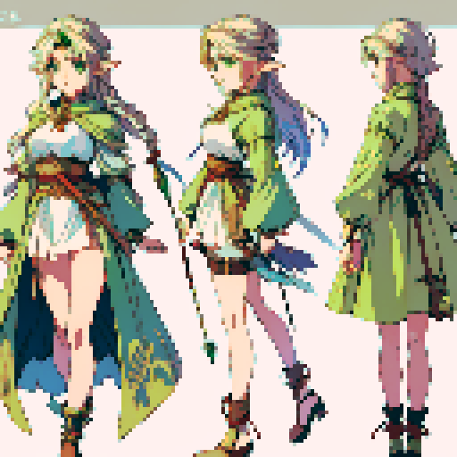 JRPG game charater design ,a female 
elf with gold hair, green eyes , job class archer wearing leather armer , hoding an ancient bow carring arrows on her back ,age around 18