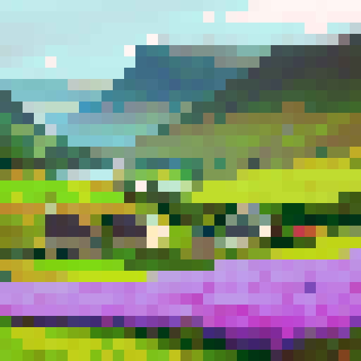 Scottish highlands, rolling green hills, majestic mountains, quaint stone cottages, peaceful lochs, vibrant heather fields, misty landscapes, pixelated beauty, vibrant color palette, sRGB perfection