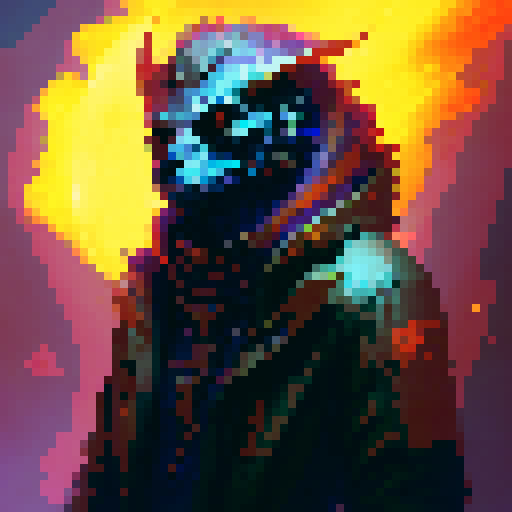 Skeleton engulfed in roaring flames, pixelated profile picture, capturing the essence of a fantasy RPG