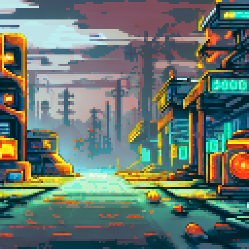 run-down, apocalyptic atmosphere, pixel art, inside of a Futuristic robot factory, sRGB, pixel art, background, landscape, dilapidated machinery, sparks flying, smog-filled air, towering metal structures, cracked concrete floors, flickering neon lights, rusted conveyor belts, broken windows, shattered glass, discarded robot parts, overgrown vines, eerie shadows, abandoned control panels