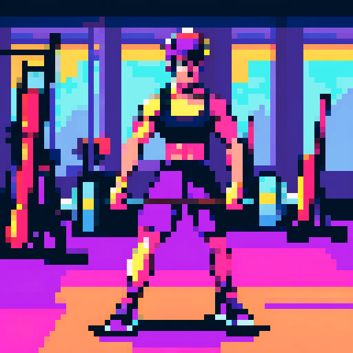 person in gym, sweating, lifting weights, colorful gym equipment, energetic atmosphere, pixel art, vibrant colors, dynamic poses, sRGB