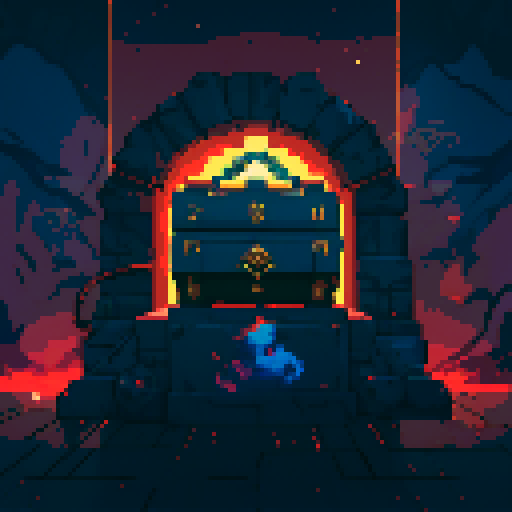 Chest with shimmering gold, vibrant colors, intricate details, pixel art, sRGB