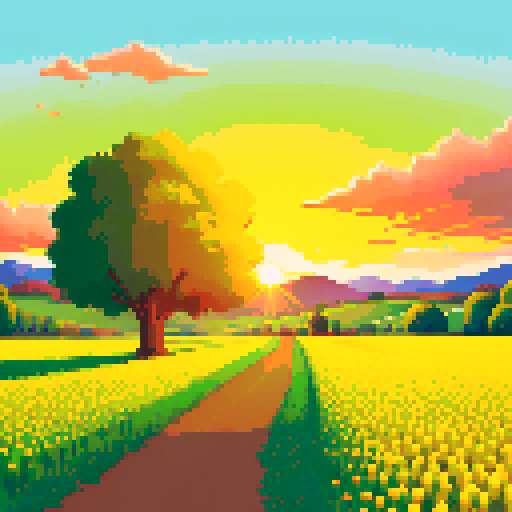 pastoral landscape, fields (yellow), sunset