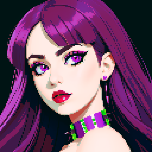 Thicc, busty goth girl, long purple hair, eyeliner, red lipstick, nude breast, spiked collar, up close face portrait, vibrant sega genesis palette, nude pixel art portrait,