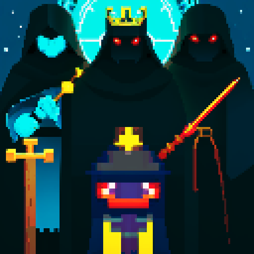 three men, archmage and his apprentices , magic staff, light at the archmage, dark place, king with staff, glowing eyes, eyes darken
