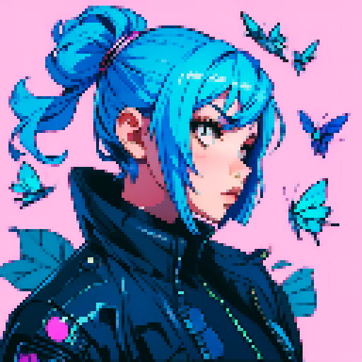 Girl with blue hair and blue butterflies, cyberpunk city background
