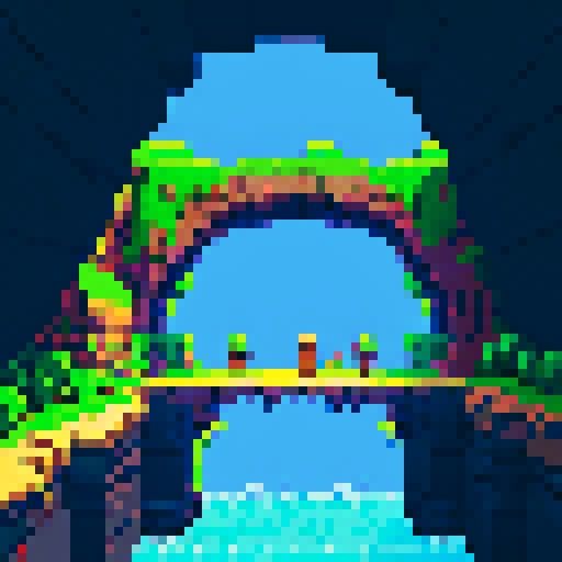 stone bridge, deep chasm, fortress on the left, wider planes on the right, pixel art, sRGB
