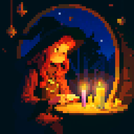 Pixel art illustration of a charming young witch with a boho vibe, reading a crystal ball, viewed from the client's perspective, mystical atmosphere with candles and stars.